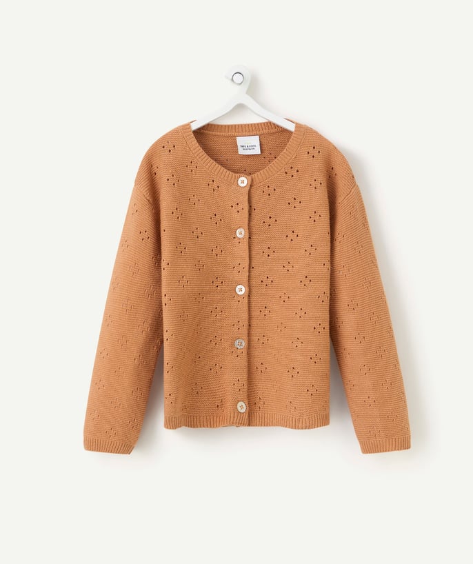   - baby girl cardigan in camel organic cotton with button