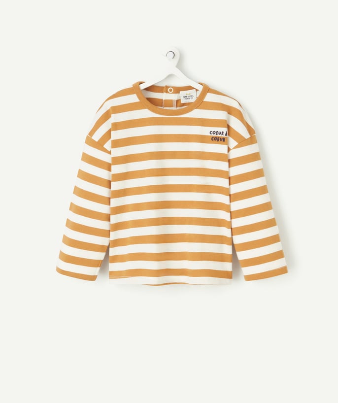   - long-sleeved baby boy t-shirt in white and brown striped organic cotton