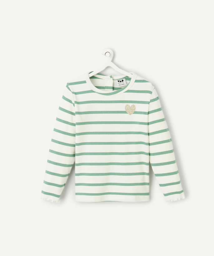   - long-sleeved baby girl t-shirt in ecru organic cotton with green heart stripes