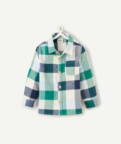 CategoryModel (8821754953870@332)  - long-sleeved baby boy shirt in ecru organic cotton with green and blue check pattern