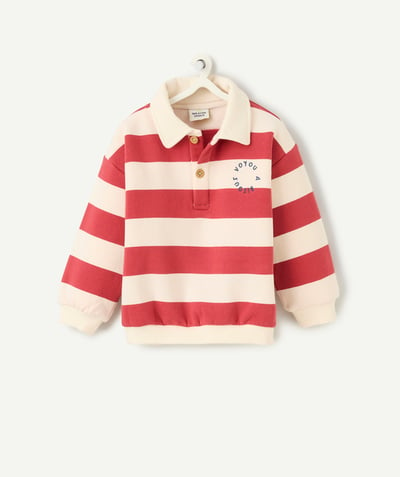 CategoryModel (8821754691726@1502)  - long-sleeved baby boy sweatshirt in recycled fibers, striped polo style, ecru and red