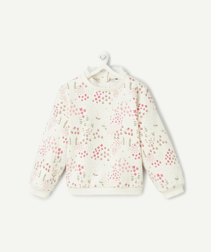   - baby girl's long-sleeved sweatshirt in ecru recycled fibers printed with various flowers