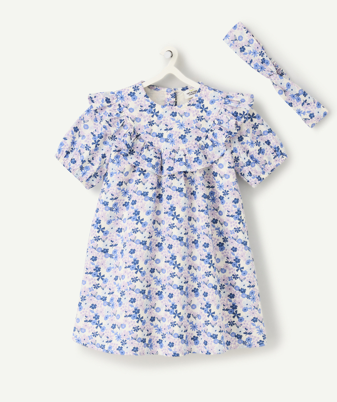   - short-sleeved organic cotton baby girl dress in ecru with lilac flower print