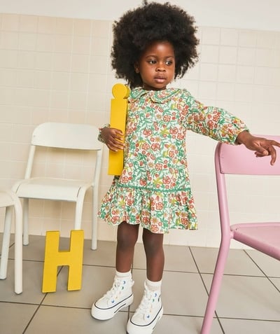 CategoryModel (8825060163726@31073)  - baby girl dress in green floral print organic cotton with claudine collar