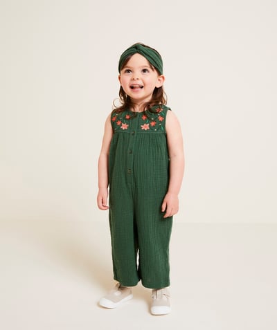 CategoryModel (8821752627342@2720)  - baby girl jumpsuit in forest green organic cotton gauze with turban