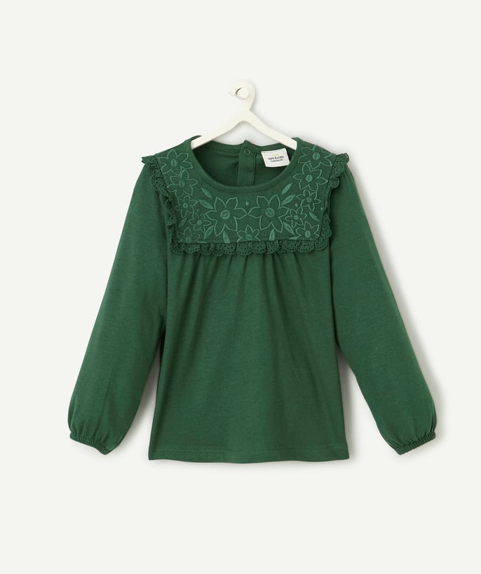   - baby girl t-shirt in green organic cotton with embroidery and ruffles