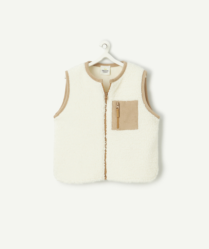   - sleeveless baby boy cardigan in ecru sherpa with ribbed details