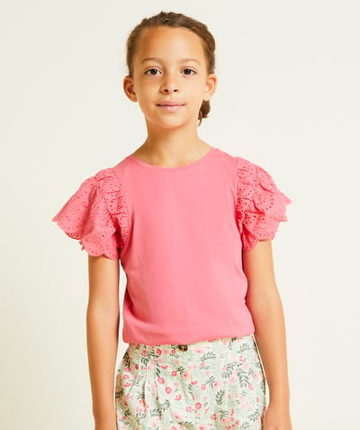 CategoryModel (8821758591118@1639)  - girl's t-shirt in pink organic cotton with broderie anglaise sleeves