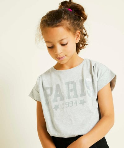 CategoryModel (8821758591118@1639)  - t-shirt fille en coton bio gris avec message pailleté