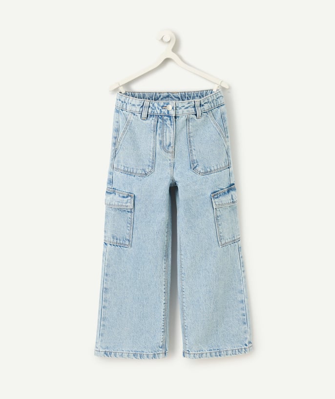   - girl's cargo pants in recycled fiber and faded blue denim