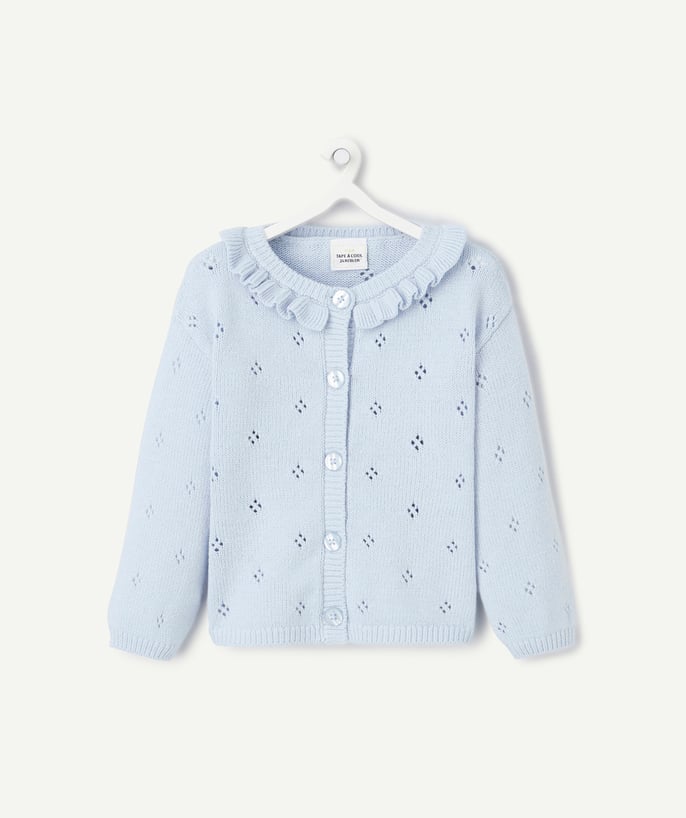   - baby girl cardigan in pale blue openwork knit with scalloped collar