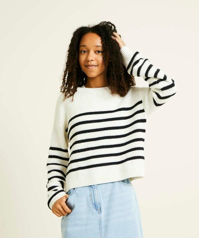 CategoryModel (8825715654798@6)  - girl's knitted sweater in white organic cotton with black stripes