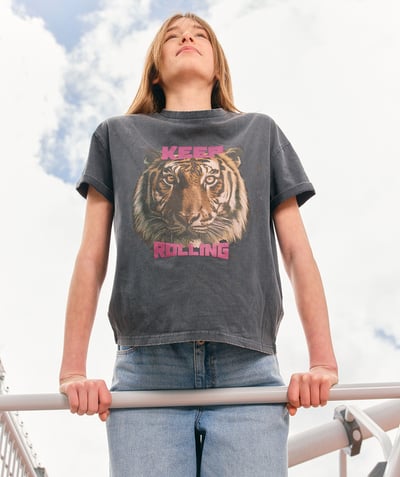 CategoryModel (8825060491406@150)  - t-shirt fille en coton gris foncé avec message et motif tigre