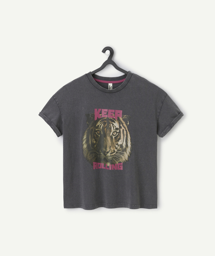   - girl's t-shirt in dark grey cotton with message and tiger motif