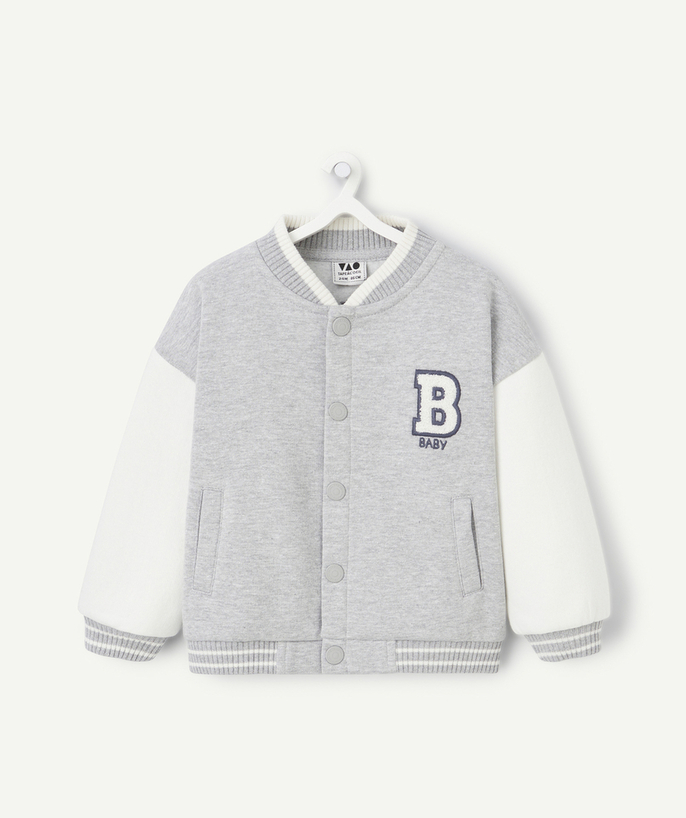   - baby boy grey teddy jacket in recycled fibers with patch