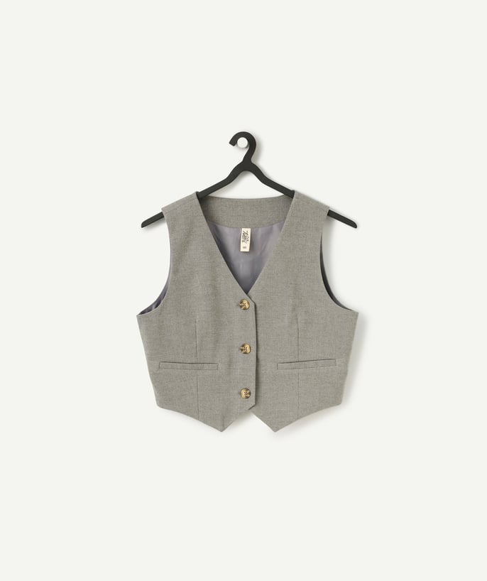   - girl's sleeveless jacket in mottled grey recycled fibers