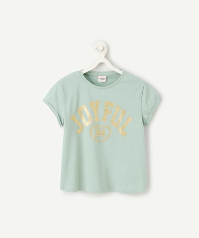 CategoryModel (8821759639694@6096)  - short-sleeved t-shirt for girls in green organic cotton with gold-colored message