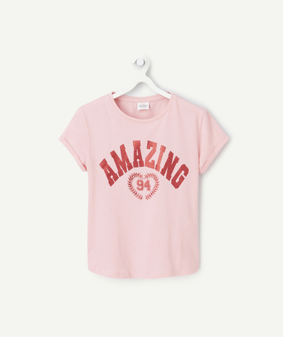 CategoryModel (8821761573006@30518)  - t-shirt manches courtes fille en coton bio rose avec message amazing rouge