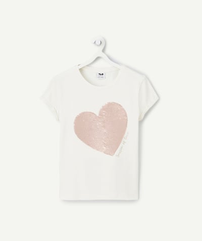 CategoryModel (8821758591118@1639)  - short-sleeved t-shirt for girls in ecru organic cotton with sequined heart
