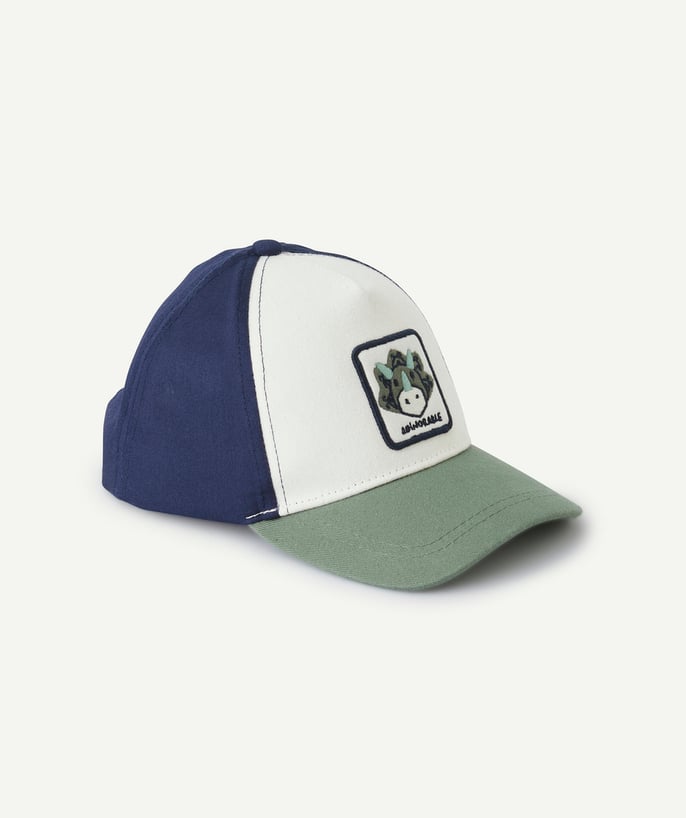   - baby boy white blue and green cap with dinosaur patch