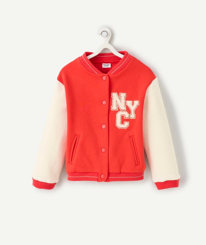   - girl's recycled-fiber teddy jacket in red with letter patches