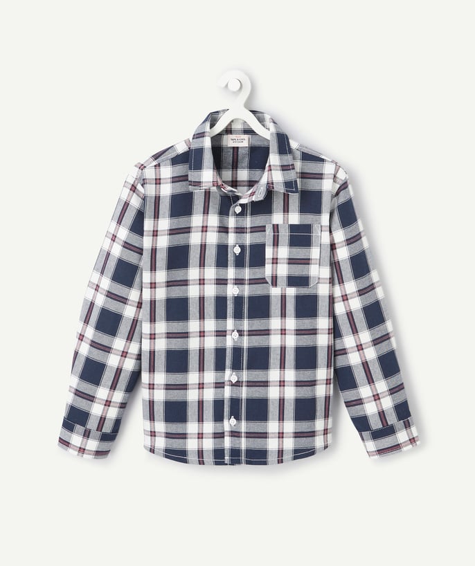   - boy's long-sleeved shirt in blue organic cotton with check pattern