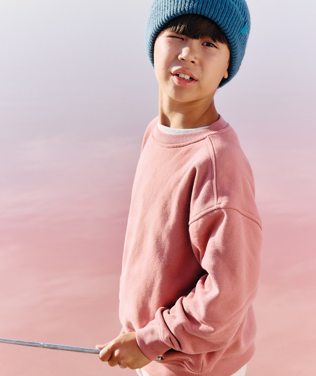   - boy's pink recycled fiber sweater with embroidered message