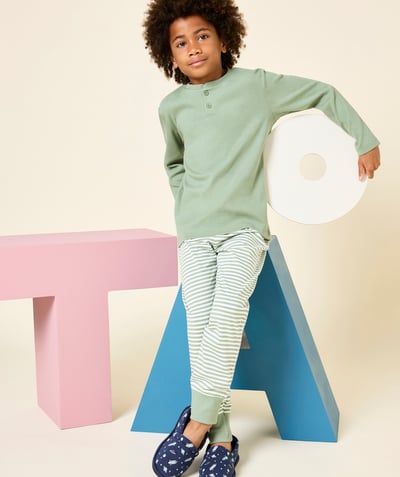 CategoryModel (8824928993422@14)  - boy's long-sleeved pyjamas in khaki organic cotton with white and khaki stripes