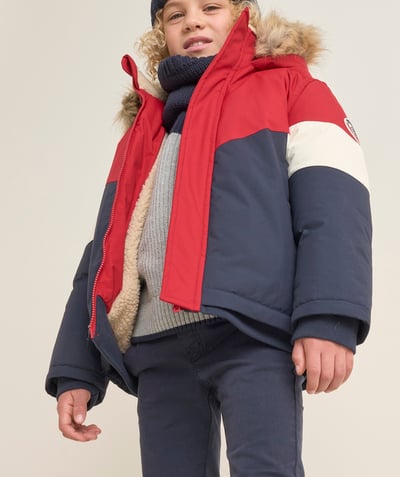 CategoryModel (8826371244174@101)  - manteau garçon bleu marine et rouge avec capuche imitation fourrure amovible