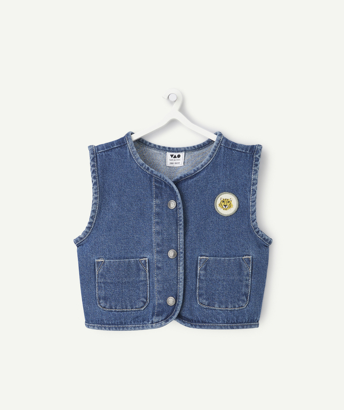   - baby boy low impact denim sleeveless cardigan with embroidered patch