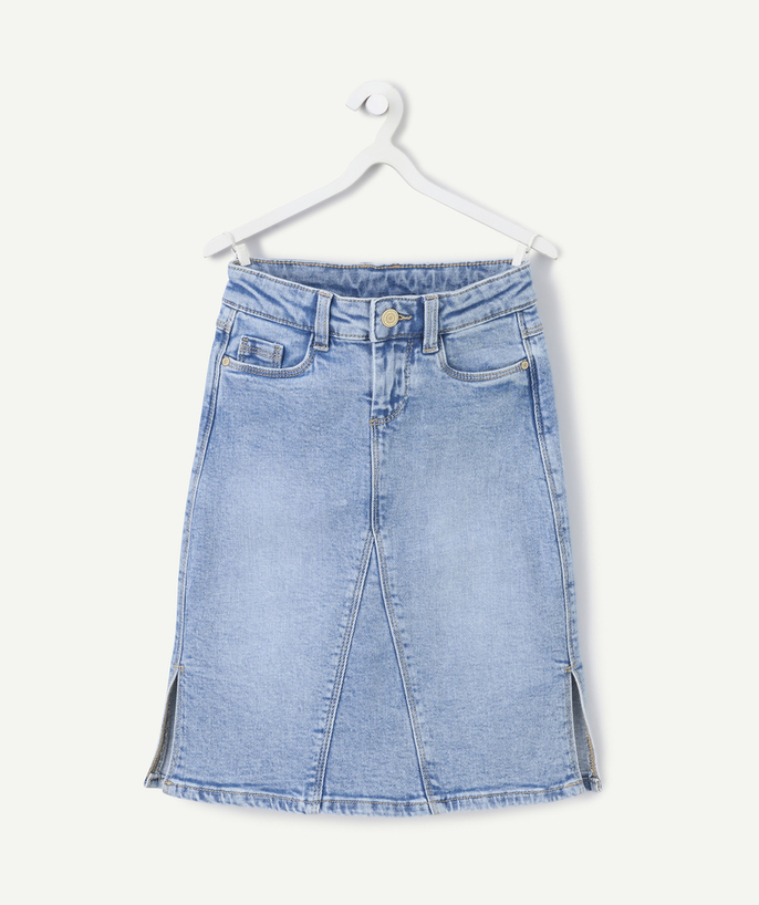   - Girl's mid-length skirt in low impact denim blue denim