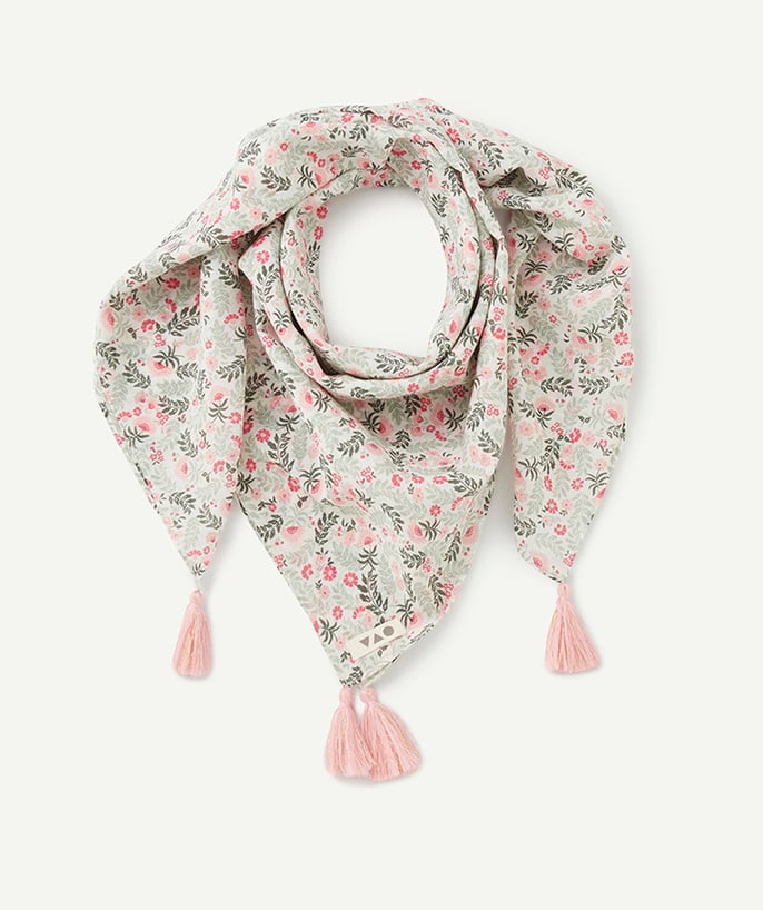   - 100% cotton flower print girl's scarf with pompom