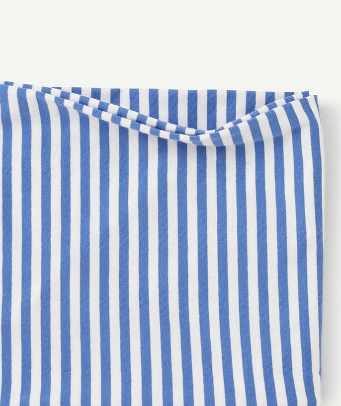   - baby boy snood in blue and white striped organic cotton