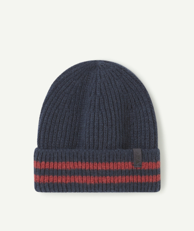 CategoryModel (8821756067982@179)  - baby boy beanie in navy blue recycled fibers with red stripes