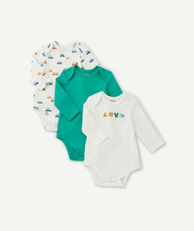 CategoryModel (8824896848014@10)  - Set of 3 green organic cotton bodysuits with car theme