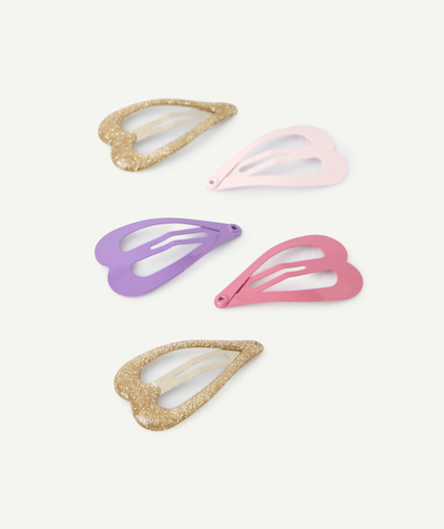 CategoryModel (8821753381006@467)  - pack of 5 pink, purple and gold baby girl heart clips