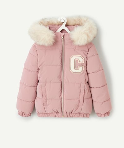 CategoryModel (8824928993422@14)  - pink girl's down jacket with removable faux-fur hood and patch