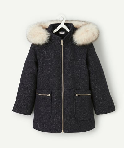 CategoryModel (8821759639694@6325)  - manteau fille bleu marine pailleté à capuche imitation fourrure amovible