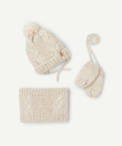 CategoryModel (8824896848014@10)  - Ecru baby boy knitting set in recycled fibers mittens snood and hat