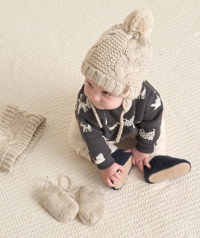 CategoryModel (8821755838606@32123)  - Ecru baby boy knitting set in recycled fibers mittens snood and hat