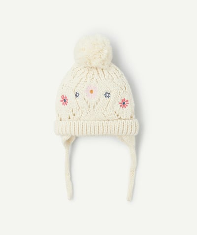 CategoryModel (8824928927886@20)  - Cream baby girl hat with embroidered flowers