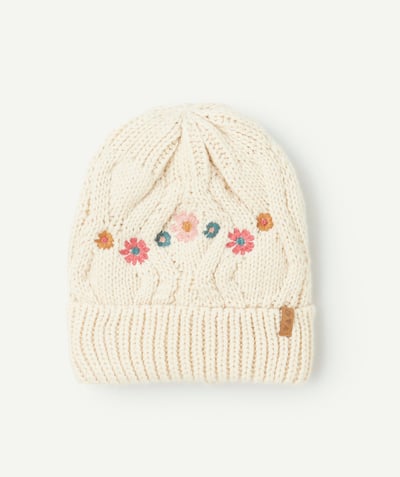 CategoryModel (8821760917646@352)  - girl's knitted hat in ecru recycled fibres with flower embroidery