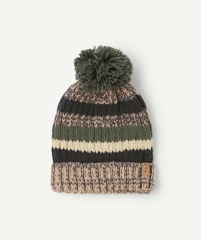 CategoryModel (8824928927886@20)  - Boy's hat in khaki beige and black striped recycled fibers with pompon