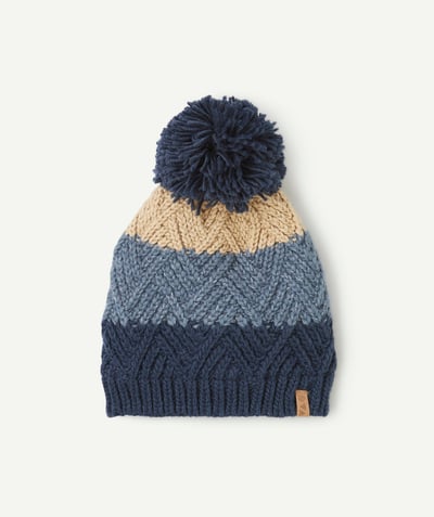 CategoryModel (8821762785422@159)  - boy's knitted hat in blue, navy and beige recycled fibres with pompon