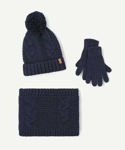 CategoryModel (8821763899534@1389)  - set bonnet snood et gants tricotés en fibres recyclées bleu marine