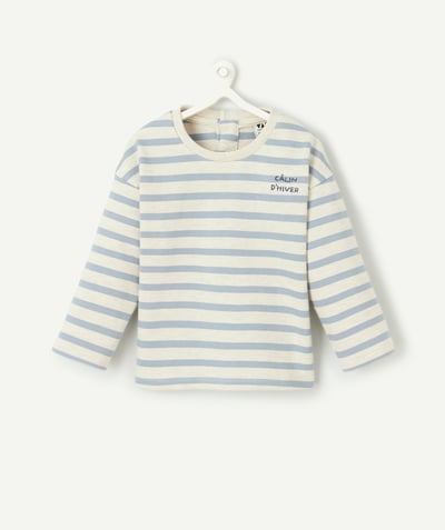 CategoryModel (8821752889486@5650)  - Long-sleeved blue and ecru striped baby boy T-shirt with script