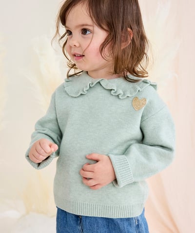 CategoryModel (8824666751118@2849)  - long-sleeved baby girl sweater in pastel green recycled fibers with ruffled collar