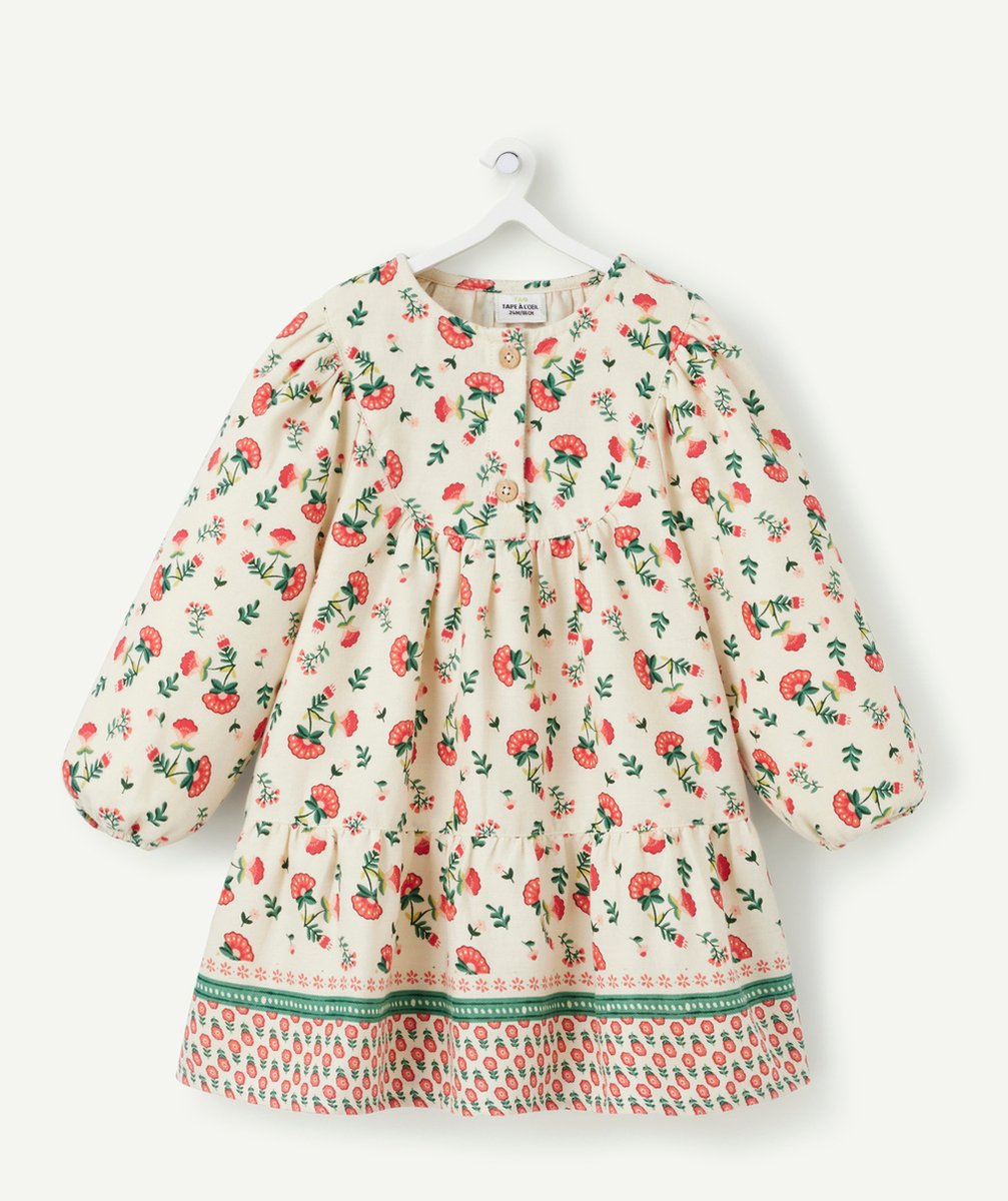   - beige floral print baby girl dress with long sleeves