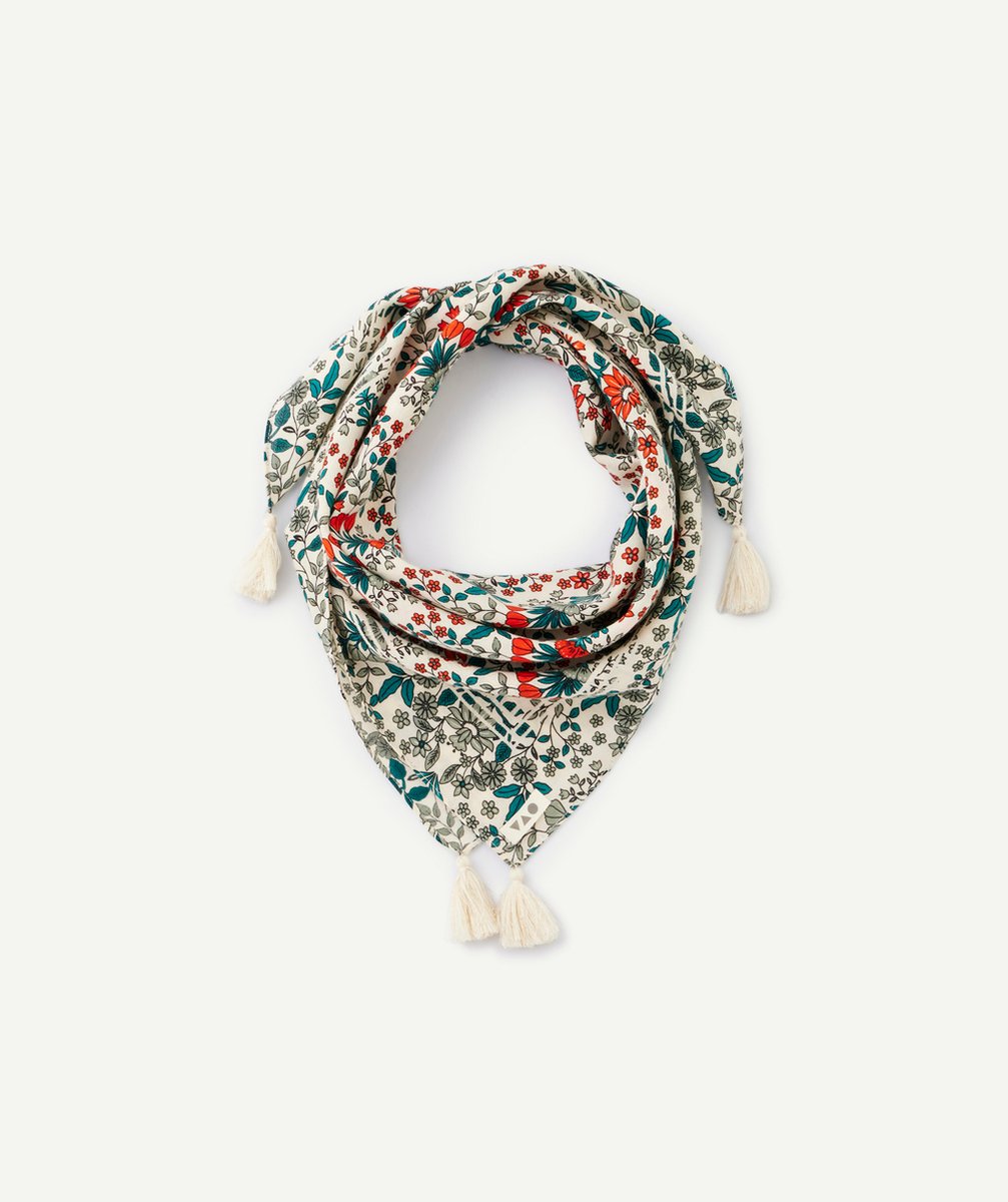   - foulard fille en coton imprimé fleuri rouge et vert avec pompoms