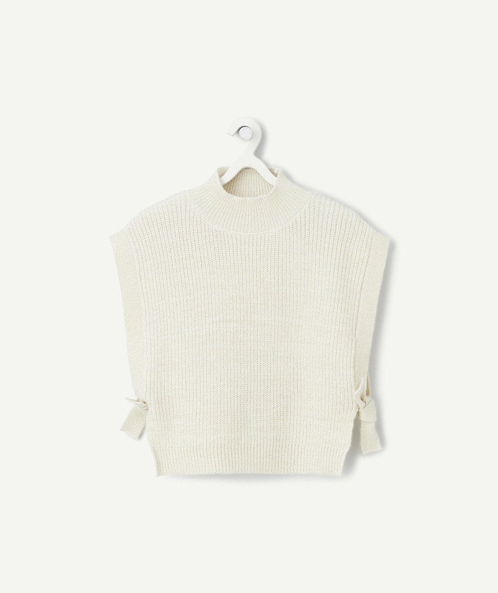   - pull sans manches filles en maille écrue pailletée et nœuds 